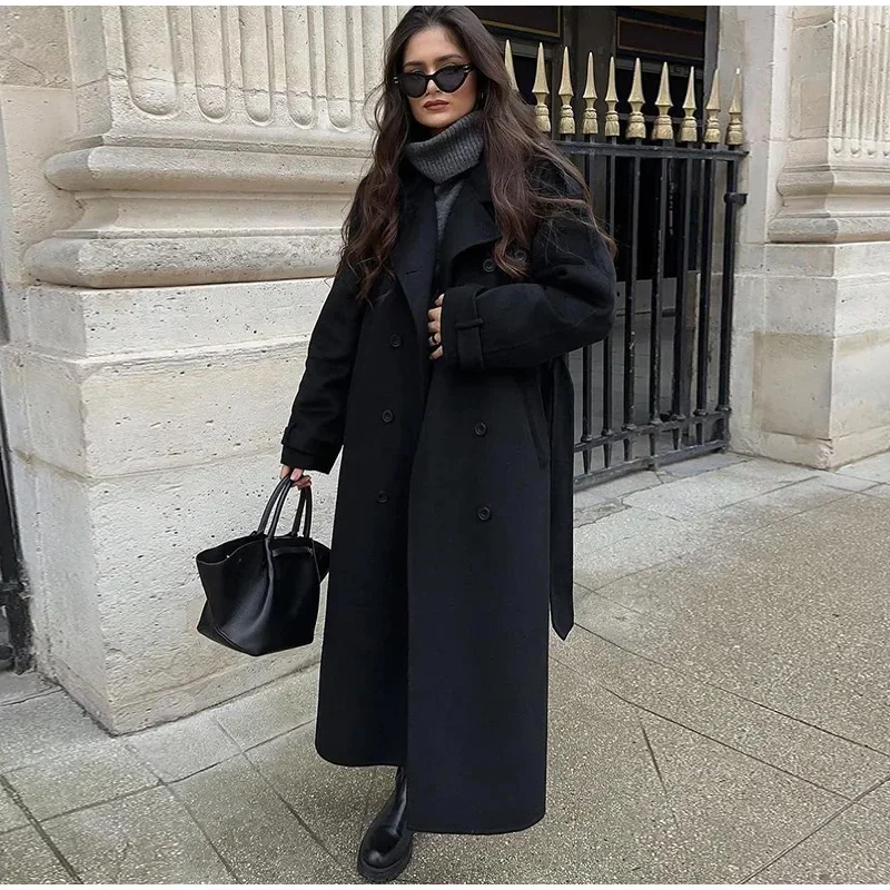 Elegant Grey Belt Long Faux Wo – Wool Coat Peacoat recenzja i cena