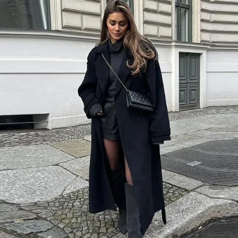 Elegant Grey Belt Long Faux Wo – Wool Coat Peacoat recenzja i cena