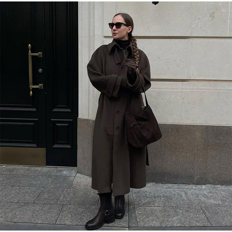 Elegant Grey Belt Long Faux Wo – Wool Coat Peacoat recenzja i cena